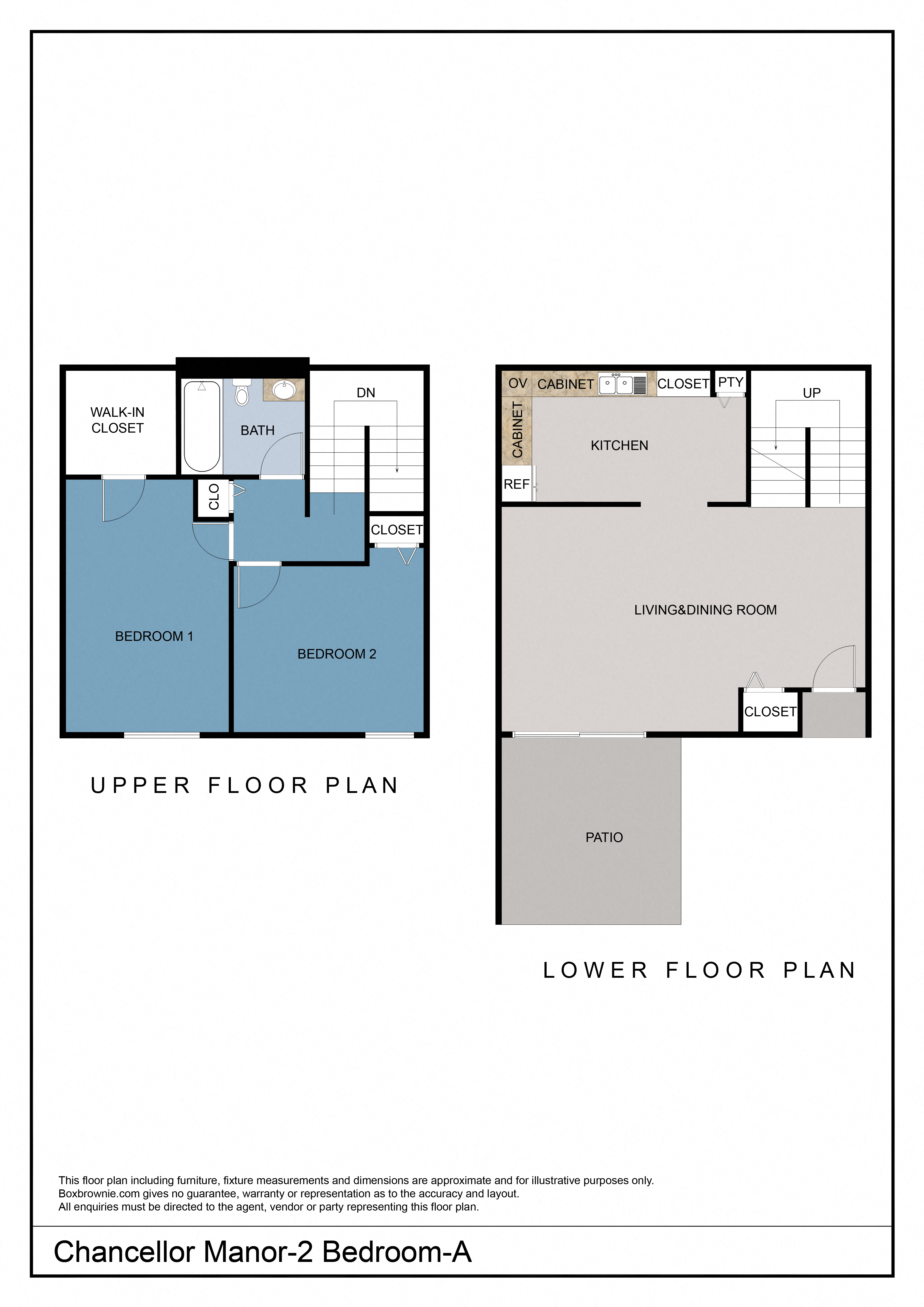 Floor plan for 2 beds, 1 bath, 981 sqft
